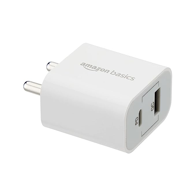 Amazon Basics 20W Dual Port Wall Charger Adapter | Type C and A | Fast Charging, White| for iPhone 11/12/13/14 Series, iPads, Airpods, Android Devices