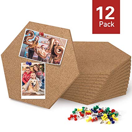 Magicfly Hexagon Self Adhesive Cork Tiles, 7.9 X 6.85 Inch Cork Board for Wall Bulletin Boards, Notes, Pictures, Office Memo and Home Decor, Pack of 12, Bonus 60 Push Pins