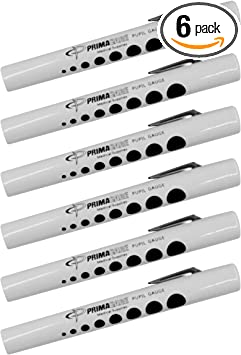 Primacare DL-9223 Disposable Diagnostic Penlight With Pupil Gauge - 1/2" Diameter x 5" Length Medical Nurse Penlight (Pack of 6) - Batteries Included,White