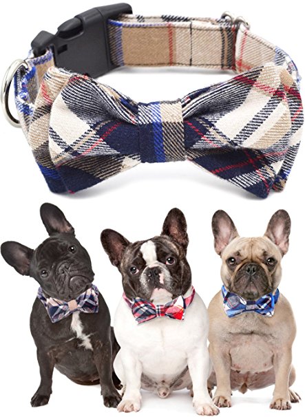 Dog and Cat Collar with Bow Tie - Adjustable 100% Cotton Design for Big Dog Puppy Cat - Cute Fashion Dog and Cat Collar with Bow Ties Red,Brown, Blue Plaid Stripe Pattern