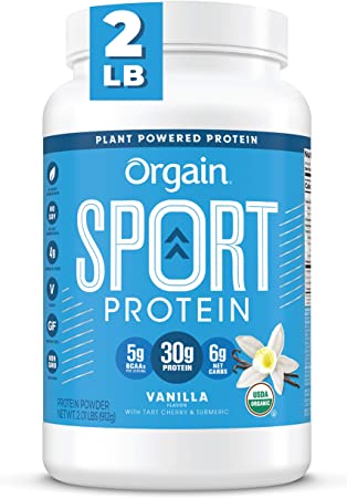 Orgain Vanilla Sport Plant-Based Protein Powder, Made with Organic Turmeric, Ginger, Beets, Chia Seeds, Cherry, Brown Rice and Fiber, Gluten Free, Vegan, Non GMO, Soy Free, Dairy Free, - 2.01 lbs