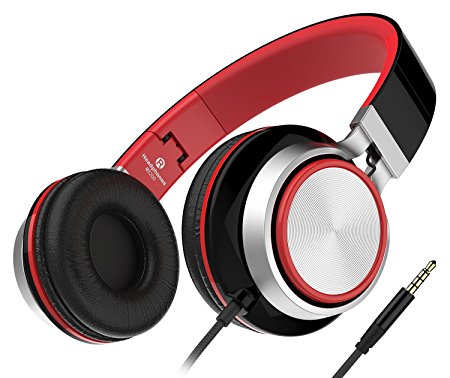 Honstek Stereo Headsets Strong Low Bass Headphones Lightweight Portable Adjustable Wired Over Ear Earbuds for MP3/4 PC Tablets Cell Phones (Black/Red)