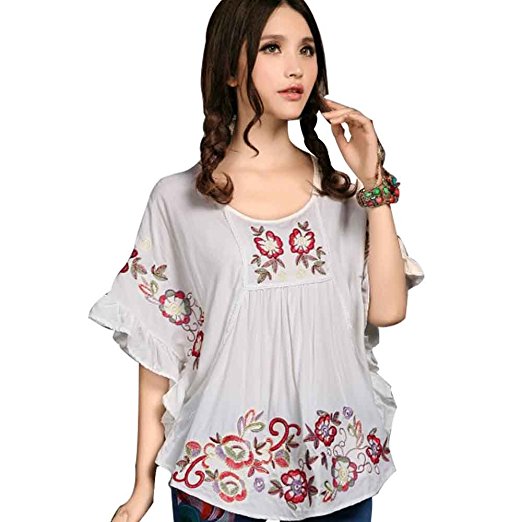 Ashir Aley New 2015 Floral Embroidered Butterfly Sleeve Wrap Peasant Blouse