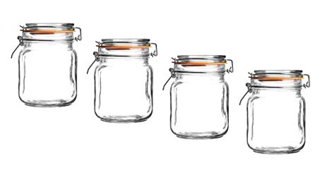 Invero® 4x Pack of Classic Kitchen Mini Airtight Storage Container Glass Jars 70ml with Rubber Ring and Metal Clip on Lid ideal for Dry Herbs, Spices, Jam, Chutney and More