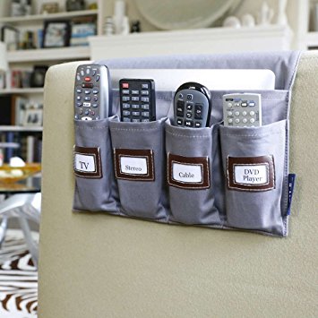 G.U.S. 5-Pocket Sofa Armrest Organizer with Custom Labels, TV Remote Control Organizer Holder for Sofa Couch/Chair, Remote Caddy, Fits Remotes for Television, Speakers, Apple TV, DVD player, and more