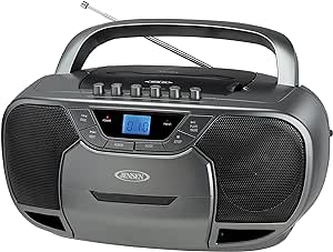 JENSEN CD-590-GR CD-590 1-Watt Portable Stereo CD and Cassette Player/Recorder with AM/FM Radio and Bluetooth (Gray)