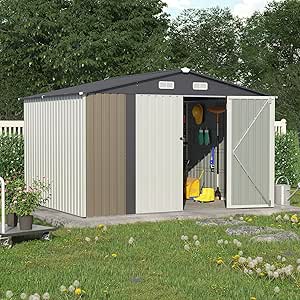 OC Orange-Casual 10 x 8 FT Outdoor Storage Shed, Metal Garden Tool Shed, Outside Sheds & Outdoor Storage Galvanized Steel w/Lockable Door for Backyard, Patio, Lawn, White