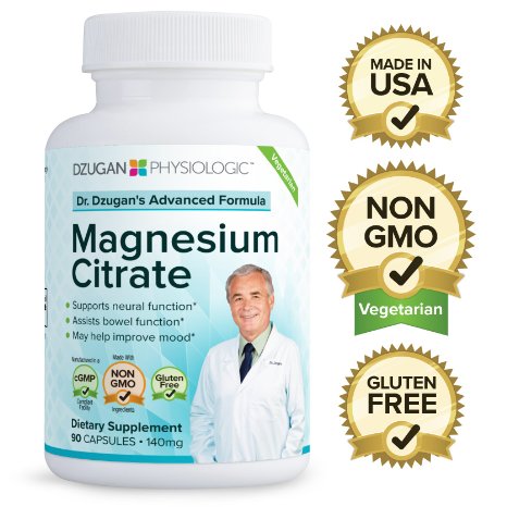 Dr. Dzugan's ADVANCED Magnesium Citrate Formula :: Non-GMO, Gluten Free, GMP Certified :: 140mg 90 Caps :: Neural Function, Bowel Function, Mood