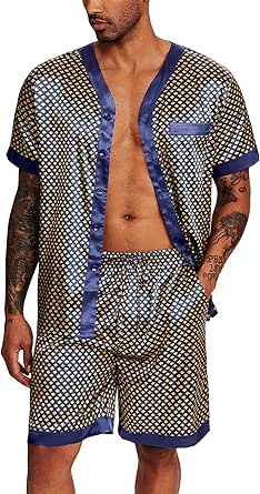 Ekouaer Silk Pajamas for Men Satin Pajama Shorts 2 Piece Button Down Pj Set V Neck Sleepwear Loungewear with Pockets S-XXL