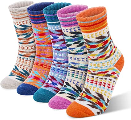 RenFox Women's winter wool socks, 5 pairs of women's winter warm socks, retro style fashion pattern women's socks, winter cotton ladies socks, perfect Christmas gifts and holiday gifts
