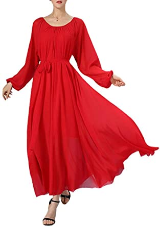 BUENOS NINOS Women's Long Sleeve Crew Neck Loose Chiffon Long Maxi Dress with Belt