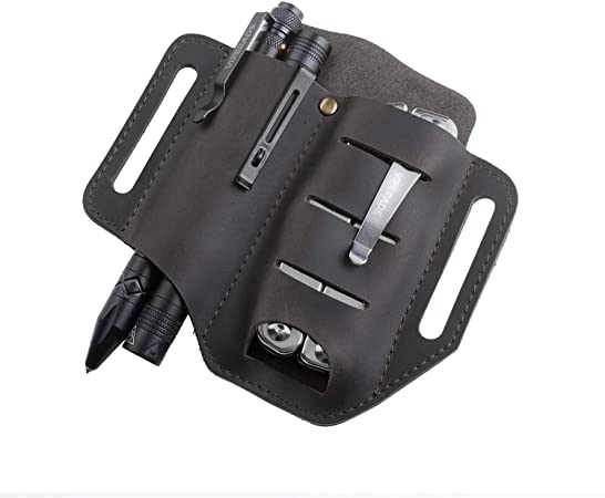 VIPERADE PJ8 EDC Leather Sheath for Blet, Knife/Tool/Flashlight/Tactical pen and EDC Gears, Pocket EDC Organizer Leather Sheath, Hademade 2 Pockets Belt Leather Slip Sheath (Black)