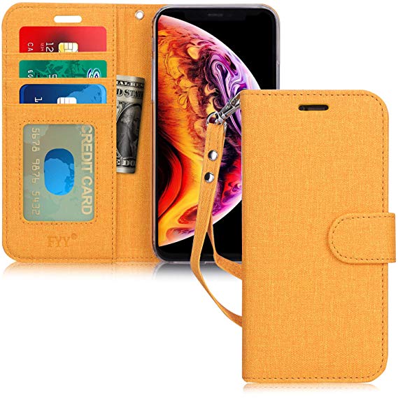 FYY Wallet Case for Apple iPhone Xr (6.1") 2018, [Kickstand Feature] Flip Folio Canvas Case with ID Credit Card Pockets, Note Holder, and Wrist Strap for Apple iPhone Xr (6.1") 2018 Lemon