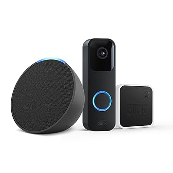 Blink Video Doorbell, Black   Sync Module 2, Works with Alexa   Introducing Echo Pop | Charcoal - Smart Home Starter Kit