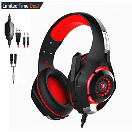 Gaming Headset for PS4 PSP Xbox PC Headphone Tablet Laptop Microphone, Headband Led Light GM-1 Headphone with Adapter Cable (Black Red)