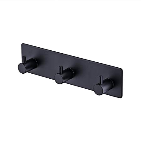 KES Self Adhesive Hooks Rail STAINLESS STEEL 3-Hook Rack Bath Towel Hook Sticky Bathroom Kitchen Towel Multi Hanger Matte Black, A7060H3-BK