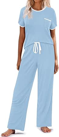 Ekouaer Women Lounge Pajamas Sets Ribbed Knit PJ Short Sleeve and Long Pajama Pant Soft 2 Piece Sleepwear Loungwear Set