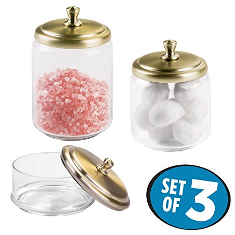 mDesign Bathroom Vanity Glass Apothecary Jars for Cotton Balls, Swabs, Cosmetic Pads - Set of 3, Clear/Soft Brass