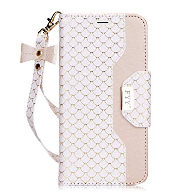 FYY Leather Case with Mirror for Samsung Galaxy S7, Leather Wallet Flip Folio Case with Mirror and Wrist Strap for Samsung Galaxy S7 White