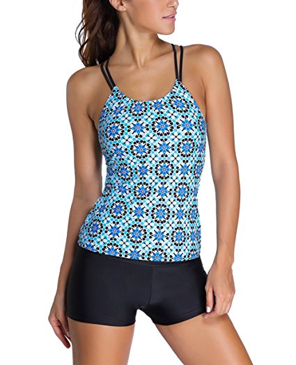 NuoReel Women Banded Printed Tankini Top with Triangle Briefs Swimsuit