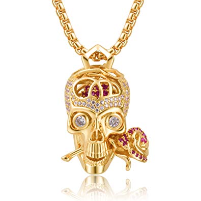 Karseer Romance Forever Skull & Rose Charm Unisex Pendant Necklace with Crystal Brain Hidden Inside