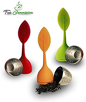 Tea Infuser Set of 3, Steeper Strainer Silicone and Stainless Steel Mesh Basket (Red, Orange and Green) for Loose Leaf Tea, Eco-friendly Gift, Party Favour or Tea Maker By the Tea Commission