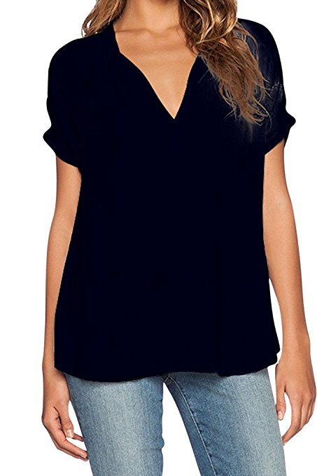 Dokotoo Womens Casual Chiffon Ladies V-Neck Cuffed Sleeve Blouse Tops (S-XXL)