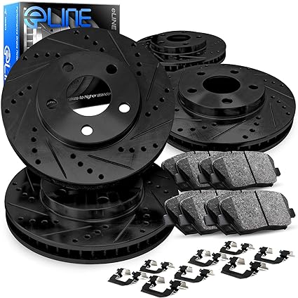 R1 Concepts Front Rear Black Drilled and Slotted Brake Rotors with Ceramic Pads and Hardware Kit Compatible For 2010-2015 Lexus, Toyota Prius, CT200h, Prius Plug-In