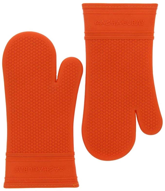 Rachael Ray Silicone Oven Mitts, 2pk -Heat Resistant Silicone Oven Gloves to Safely Handle Hot Cookware Items-Flexible, Waterproof Silicone Gloves with Non-Slip Grip and Insulated Pockets-Burnt Orange