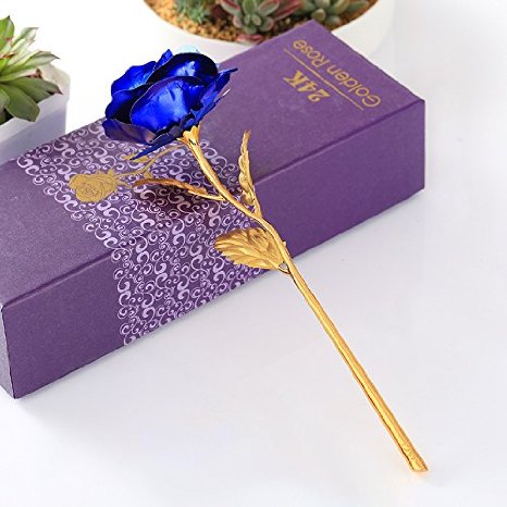 Ulife-JOY 24k Gold Foil Rose Full Blossom Budding Gold Plated Rose Presents for Birthday, Gift for Girlfriend, Party, Wedding, Mother's Day, Friends, Romantic Gift with Gift Box (Blue Rose)
