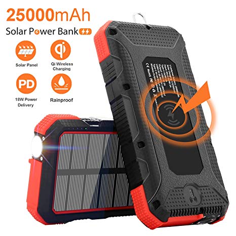 Solar Charger 25000mAh SendowTek 18W PD Power Bank USB C Charging 10W/7.5W Wireless Portable Phone Charger with 4 Outputs External Battery Pack Rainproof Flashlight Carabiner for Camping, Emergency
