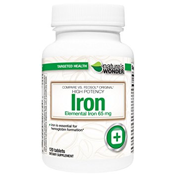 Nature's Wonder Iron (Ferrous Sulfate) 65mg Supplement, 120 Count
