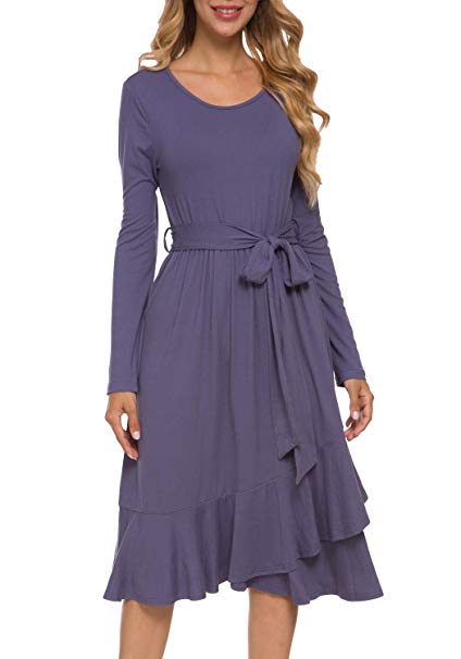 levaca Women's Plain Long Sleeve Flowy Modest Midi Work Casual Dress with Belt