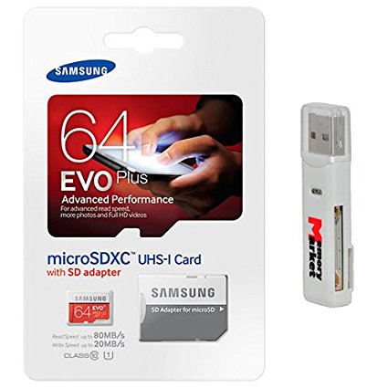 Samsung Evo Plus 64GB MicroSD XC Class 10 UHS-1 Mobile Memory Card for Samsung Galaxy J3 J1 Nxt Ace A9 A7 A5 A3 Tab A 7.0 E 8.0 View On7 On5 Z3 with MemoryMarket MicroSD & SD Memory Card Reader