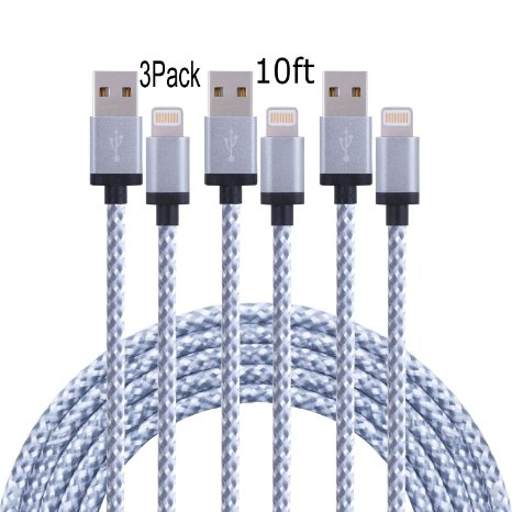 Suplink 3pack 10FT Extra long Cord 8 Pin Lightning to USB Charging Cables for iPhone SE/6/6s/6 plus/6s plus,5c/5s/5,iPad Pro/Air/Mini, iPod Nano/Touch (gray white)