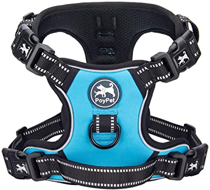 PoyPet 2019 Upgraded No Pull Dog Harness with 4 Snap Buckles, Reflective with Front & Back 2 Leash Hooks and an Easy Control Handle [NO Need Go Over Dog’s Head]