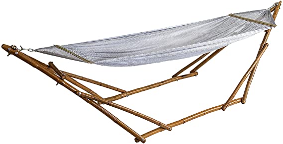 Bamboozations Bamboo Hammock Stand with Hammock New Models and Colors (Small (8ft), Silver Polyester)
