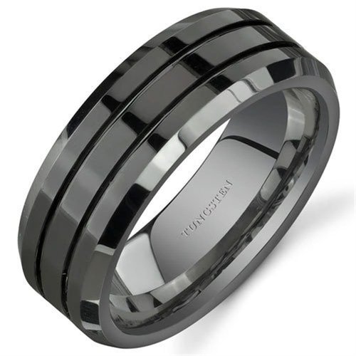 King Will 8mm Black Tungsten Carbide Rings Polished Beveled Edge Double Groove Wedding Bands