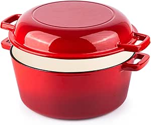 Enamelled Cast Iron Dutch Oven Casserole Pot - Cast Iron Skillet Lid – 2 in 1 Cooking Cookware Pan Set – Dutch Oven Pot with Lid – Red, 5 Quarts, 26cm – by Nuovva