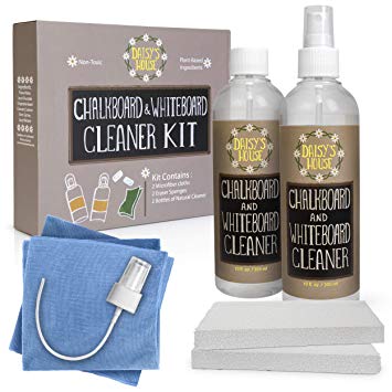 Daisy’s House Chalkboard and Whiteboard Cleaner Kit – Two 10oz Bottles of 100% Natural Dry Erase Board Spray with Cleaning Cloths and Dual-Sided Eraser Sponges (6-Piece Set)