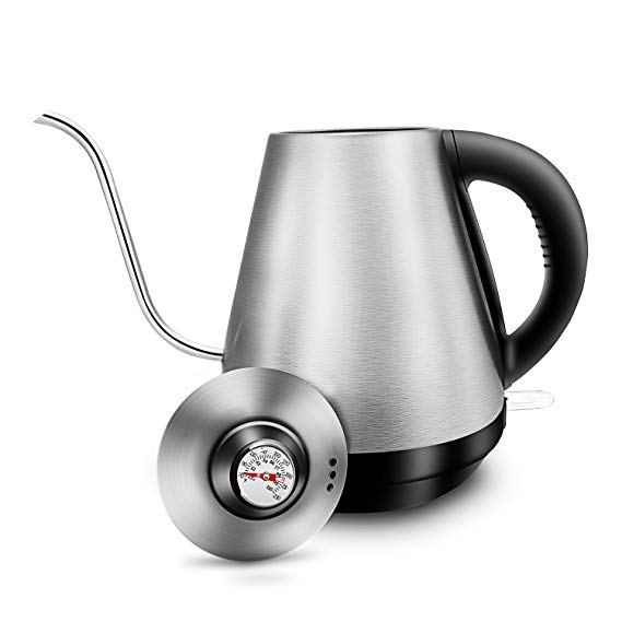 AMFOCUS Electric Kettle Gooseneck Teakettle for Pour Over Drip Coffee and Tea, Built-in Thermometer, Strix Controller, Auto Shut Off, 1.0L