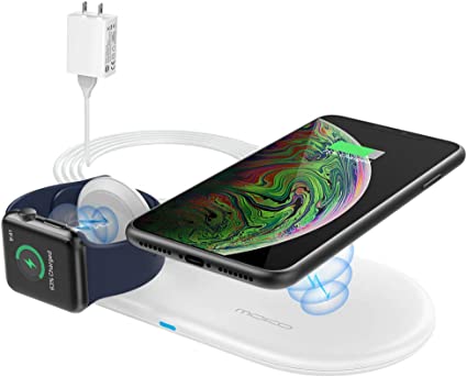 MoKo 2 in 1 Wireless Charger with QC3.0 Adapter, Qi Certified Fast Charing Pad Dock Compatible iPhone 13/12 Pro Max 11/11 Pro/X/XS/XR/SE/Samsung Galaxy S21/S20/Airpods 2/Pro/iWatch 6/5/4/3/2/SE