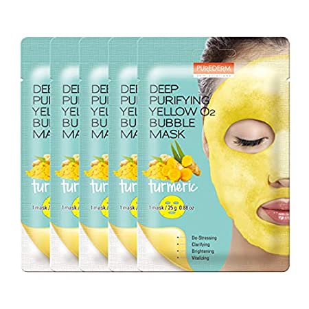 PUREDERM Deep Purifying Yellow O2 Bubble Mask 0.88oz x 5ea / Korean beauty/Bubble mask/Cleansing foam/Cleanser/Purifying mask/Turmeric/Clarifying/Brightening/Face toxin