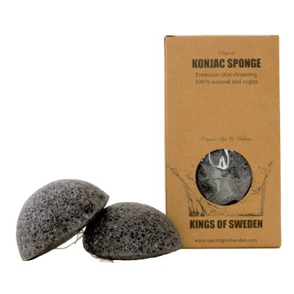 Kings of Sweden Bamboo Charcoal Konjac Sponges / Economical Pack of 2 Facial Cleansing Sponges for impurities and oily skin - 100% Natural, vegan, sustainable, fully biodegradable