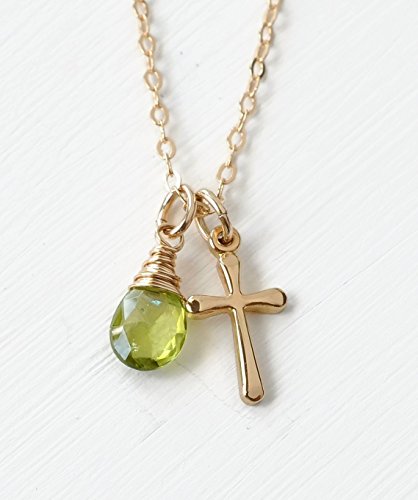 Small Cross Birthstone Necklace for August Birthday - Peridot in Gold Fill 18 Inch