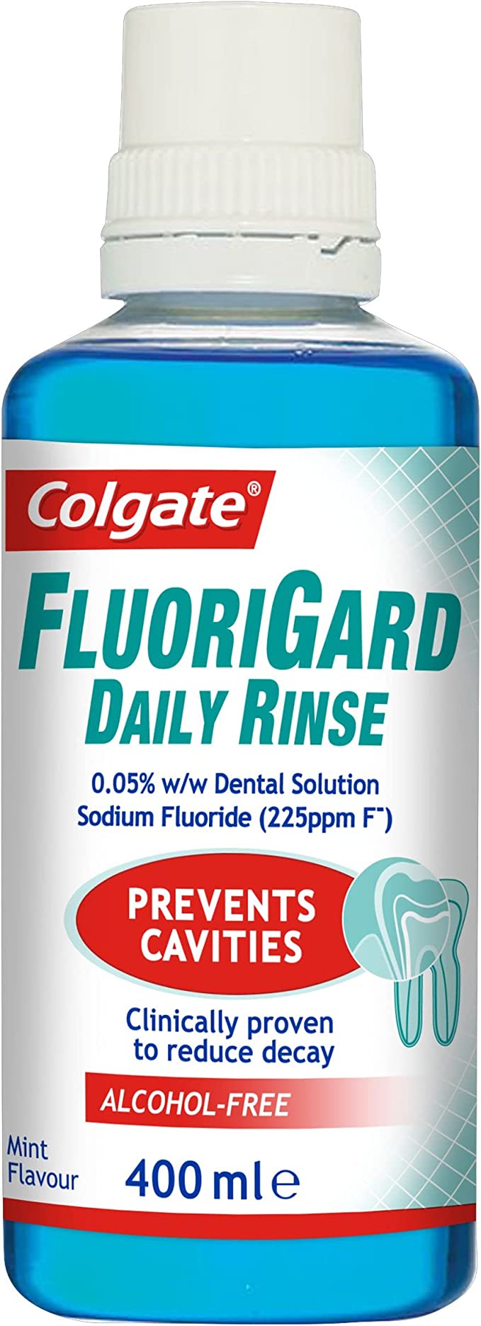 COLGATE Fluorigard Daily Rinse (Alcohol Free) Mouthwash 400 ml, Cavity Prevention Tooth Strengthening Mouthwash, Mint Flavour, Pack of 1, Light Blue