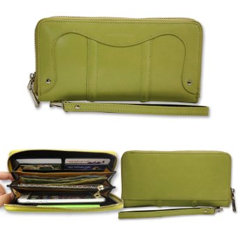 Belfen Women Soft genuine leather Zipper Wallet Wristlet Evening Purse Case Handbag with Wrist Strap/Credit Card Holder/Cash pocket- for Apple iPhone 6[Up to 6.2 x 3.1*0.3 Inch Cellphone]-Lemo yellow