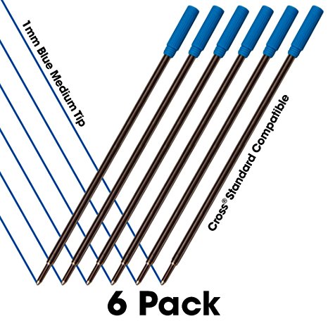 Blue - Cross Ballpoint Pen Standard Compatible Refills – 6 Pack = Super Value! Smooth Writing 1mm Medium Tip