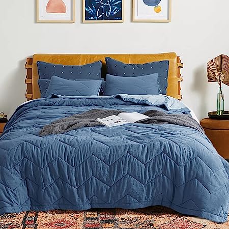 KASENTEX 3-Piece Zig Zag King Size Quilt Bedding Set - Lightweight All Season Reversible Ultra Soft Bedspread, Blue