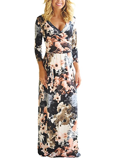 Dokotoo Womens Summer Floral Print Faux Wrap Maxi Long Dresses with Belt